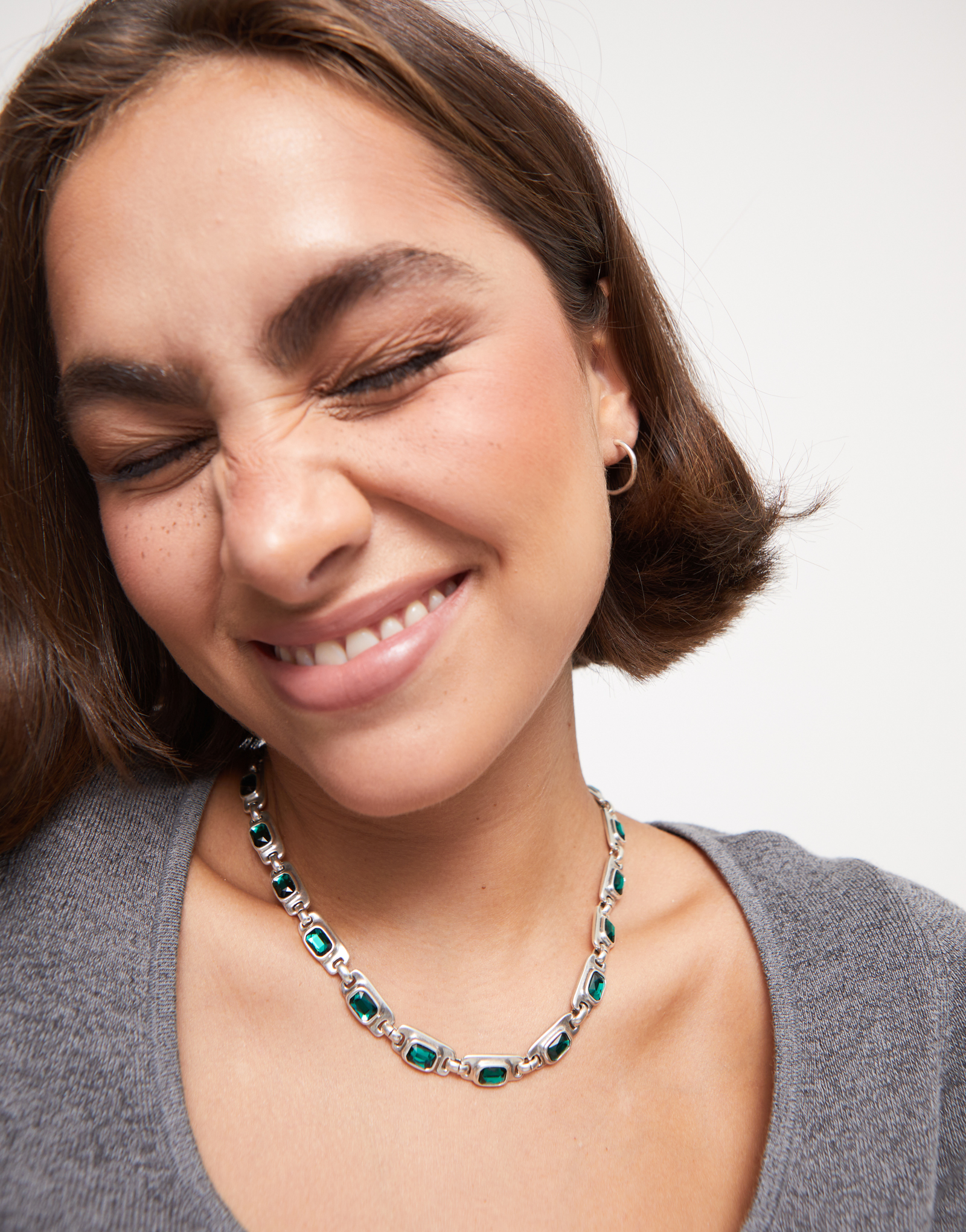Short necklace with green crystals, Silver, large thumbnail